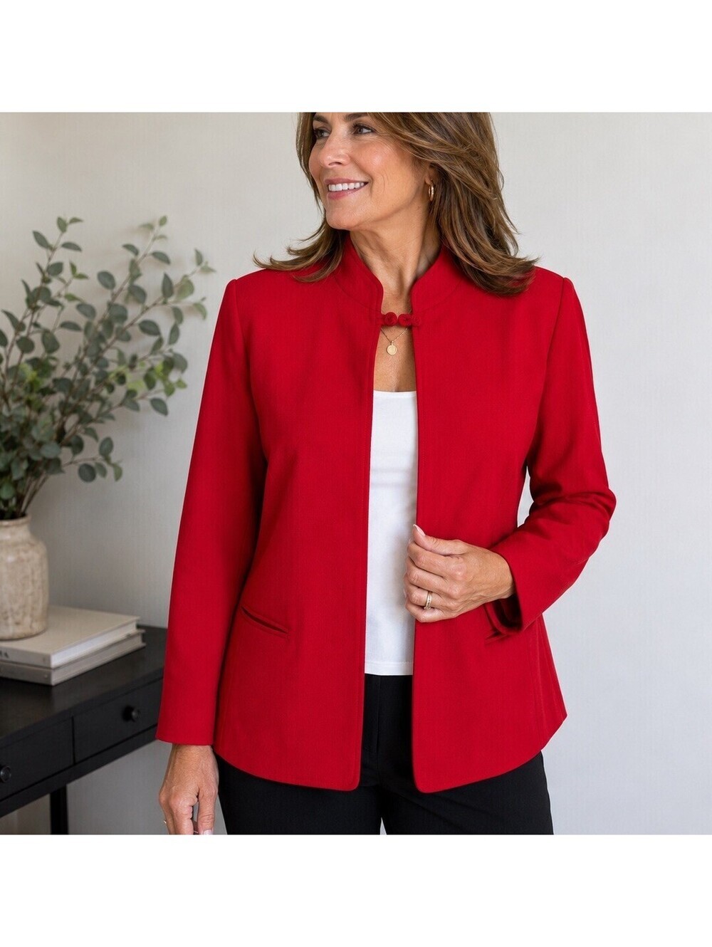 Koret Red Mandarin Collar Jacket Women Vintage Asian Inspired Blazer Career S